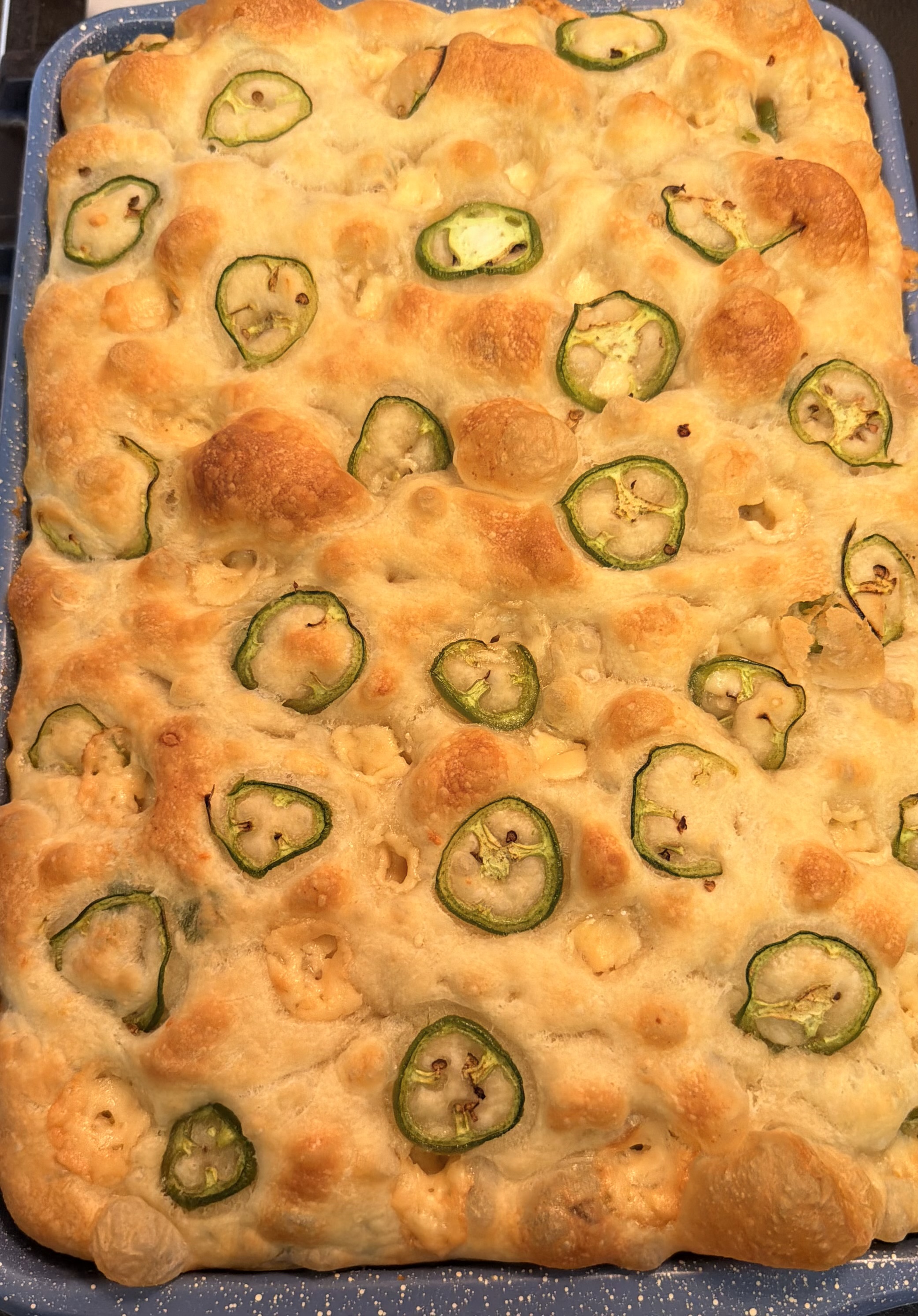 Jalapeño focaccia topped with sliced jalapeños